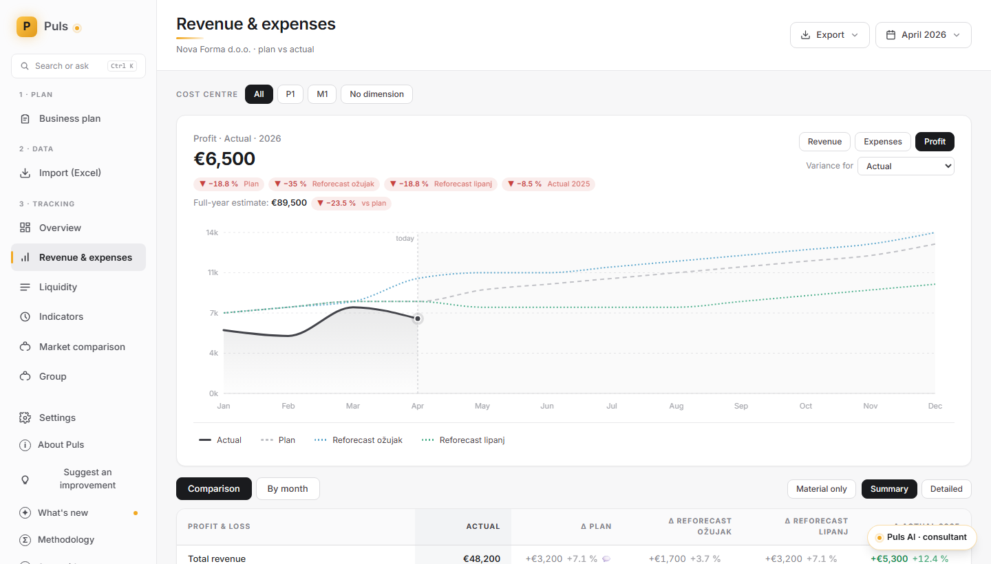 Revenue and expenses by category, against the plan.