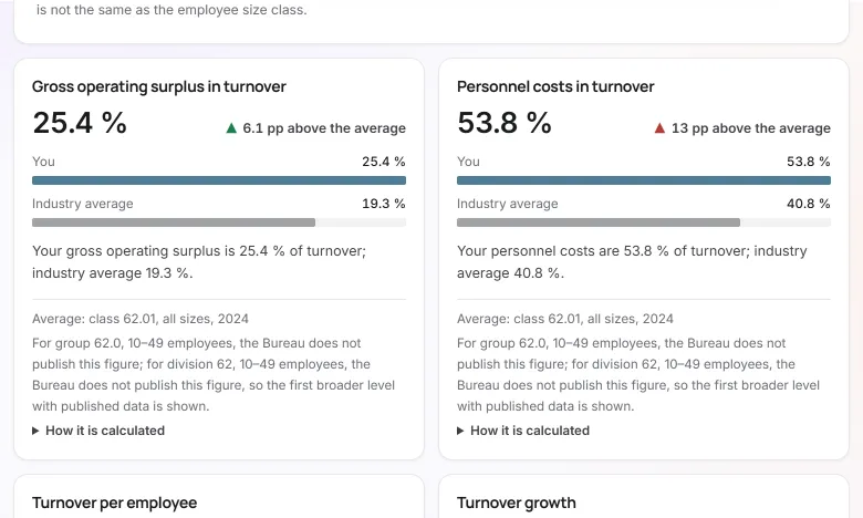 Market comparison in Puls, you against the industry average from the Croatian Bureau of Statistics: gross operating surplus in turnover 25.4 % against an average of 19.3 % and personnel costs in turnover 53.8 % against an average of 40.8 %.