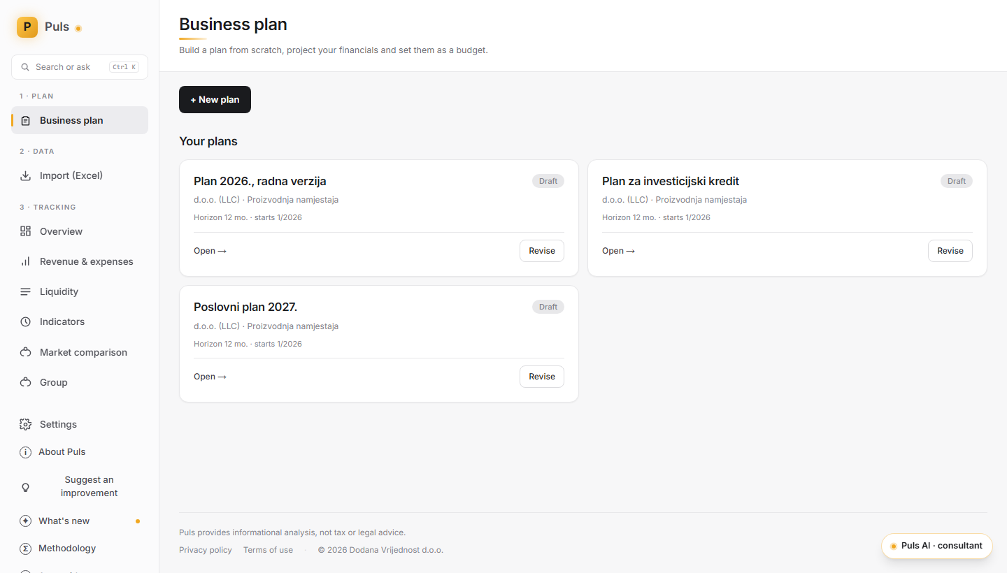 The list of business plans in the Puls application.